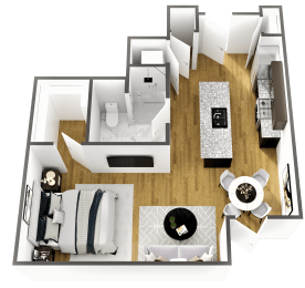 Floor Plan  a bedroom with a bed and a chair in a room