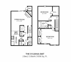 Floor Plan  A floor plan of a 2 bedroom, 1.5 bath apartment.