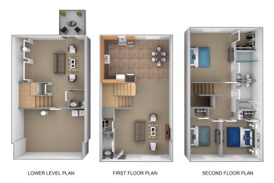3 bedroom 2.5 bathroom with walkout 3D floor plan at The Pointe at Manorgreen