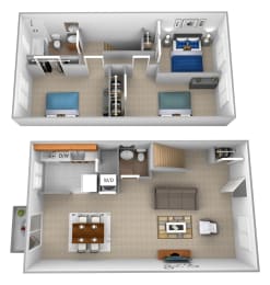 3 bedroom 1.5 bathroom with den 3D floor plan at McDonogh Village Apartments & Townhomes, Randallstown