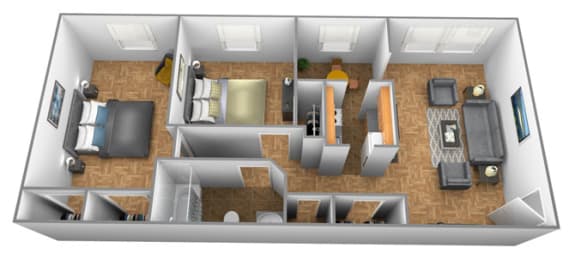 2 bedroom 1 bathroom 3D floor plan at Winston Apartments