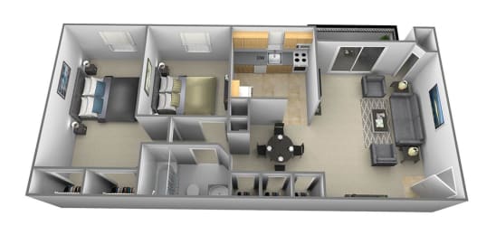 2 bedroom 1 bathroom Assateague floor plan at Security Park Apartments in Windsor Mill, MD
