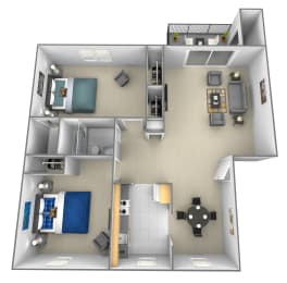 2 bedroom 1.5 bathroom 3D floor plan at Rockdale Gardens Apartments in Windsor Mill, MD
