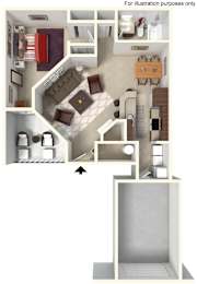 A 3D floor plan of a small apartment with a kitchen, living room, and bathroom.