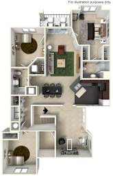 A 3D floor plan of a house with a living room, kitchen, dining room, and bathrooms.