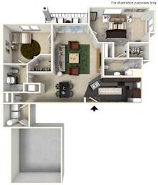 A detailed 3D floor plan of a house showing all rooms and their layouts.