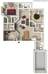 A top down view of a house interior with a kitchen, living room, dining room, and bedrooms.