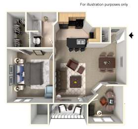 Floor Plan  A 3D floor plan of a small apartment with a kitchen, living room, and bedroom.