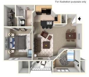 Floor Plan  A 3D floor plan of a small apartment with a kitchen, living room, and bedroom.