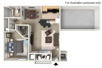 Floor Plan  A cutaway diagram of a room showing a couch, a bed, a desk, and a chair.