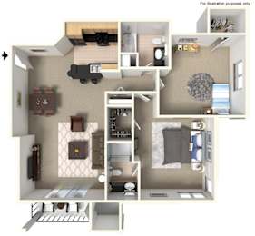 Floor Plan  A 3D floor plan of a small apartment with a kitchen, living room, and bedroom.