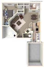 A 3D floor plan of a house with a kitchen, living room, and bedrooms.