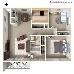 A 3D floor plan of a small apartment with a kitchen, living room, and bathroom.