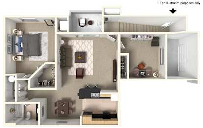 Floor Plan  A 3D floor plan of a small apartment with a kitchen, living room, and bedroom.