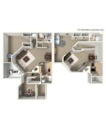 A floor plan of a two-story home with a living room, kitchen, and bedrooms.
