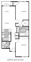 A floor plan for units 204 and 304 shows the layout of living, dining, and kitchen areas.