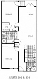 A floor plan of a building with labeled rooms such as "M-BDRM", "WIC", "DINING", and "LIVING".