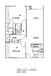 A floor plan of a two bedroom apartment with a living room, dining room, and kitchen.