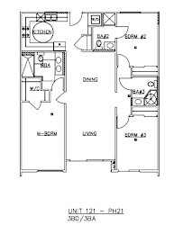 A drawing of a floor plan for a 3 bedroom 3 bathroom apartment.
