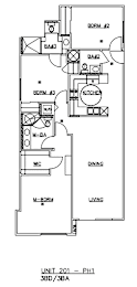 A floor plan of a unit with a kitchen, dining area, and living room.