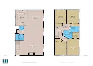 A floor plan of a two-story house with two bedrooms and two bathrooms.