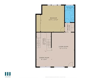 A floor plan of a room with a bedroom, living room, kitchen, and dining room.