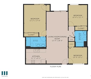 A floor plan of a home with three bedrooms, a living room, dining room, kitchen, and bathrooms.