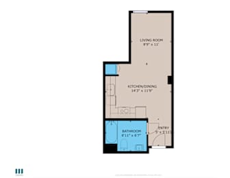 A floor plan of a small apartment with a living room, kitchen/dining area, and bathroom.