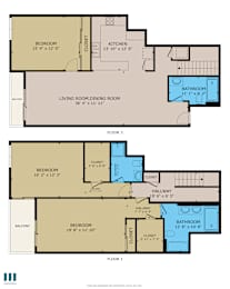 A floor plan for a two-story home with two bedrooms, two bathrooms, a living room, dining room, kitchen, and a balcony.