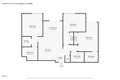 A floor plan of a two-bedroom, one bathroom apartment.