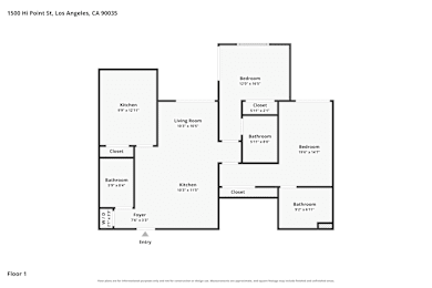 A floor plan of a two-bedroom, two-bathroom apartment.