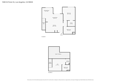A floor plan for a two-story home with a living room, dining room, kitchen, and two bedrooms.
