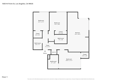 A floor plan of a house with two bedrooms, two bathrooms, a kitchen, a foyer, and an entry.