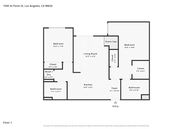 A floor plan of a two-bedroom apartment at 1500 HI Point St, Los Angeles, CA 90035.