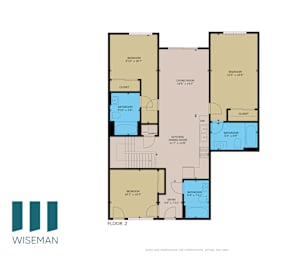 A floor plan for a Wise Man property shows two bedrooms, a living room, a bathroom, a kitchen, and an entry area.