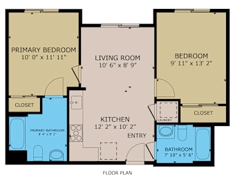 A floor plan of a home with a primary bedroom, living room, bedroom, kitchen, bathroom, and closets.