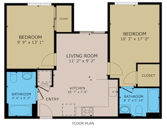 A floor plan of a house with two bedrooms, a living room, a kitchen, a bathroom, and a laundry area.