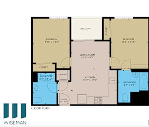 A floor plan of a home with two bedrooms, a living room, a kitchen, a bathroom, and a laundry area.