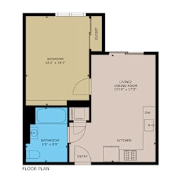 A floor plan of a room with a bedroom, bathroom, living/dining room, kitchen, and entry.
