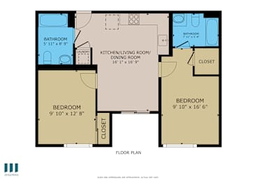 A floor plan of a house with two bedrooms, a bathroom, a kitchen/living room, and a closet.