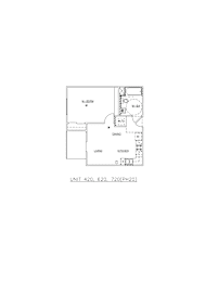 A drawing of a kitchen layout with a sink, stove, and cabinets.