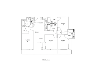 A floor plan of a unit with labeled rooms and appliances.