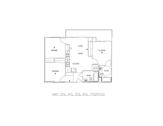 A drawing of a floor plan with labeled rooms and appliances.