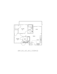 A floor plan of a unit with a kitchen, living room, and bathroom.