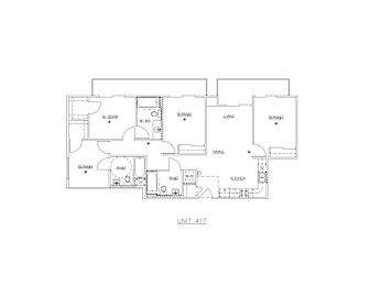 A floor plan of a unit labeled "Unit 417" with various rooms such as a living room, dining room, kitchen, and bedrooms.