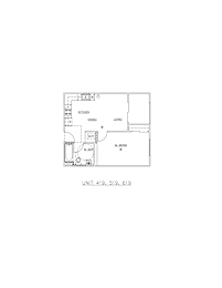 A floor plan of a kitchen and dining area with a unit number listed.