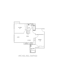 A floor plan of a unit with a kitchen, living room and two bedrooms.