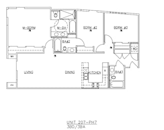 A floor plan of a living space with a kitchen, dining area, and three bedrooms.