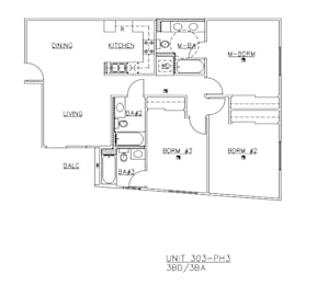 A floor plan of a unit with a kitchen, dining area, and living room.