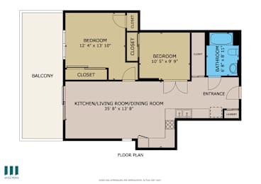 A floor plan of a house with two bedrooms, a living room, a kitchen, a dining room, a bathroom, a balcony, and an entrance.